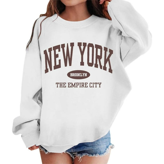 AWZXDE Girls' Round Neck Long Sleeve Printed Pullover Sweatshirt - No Hood Fashion Top for Casual Daily Wear White,8-9 Years
