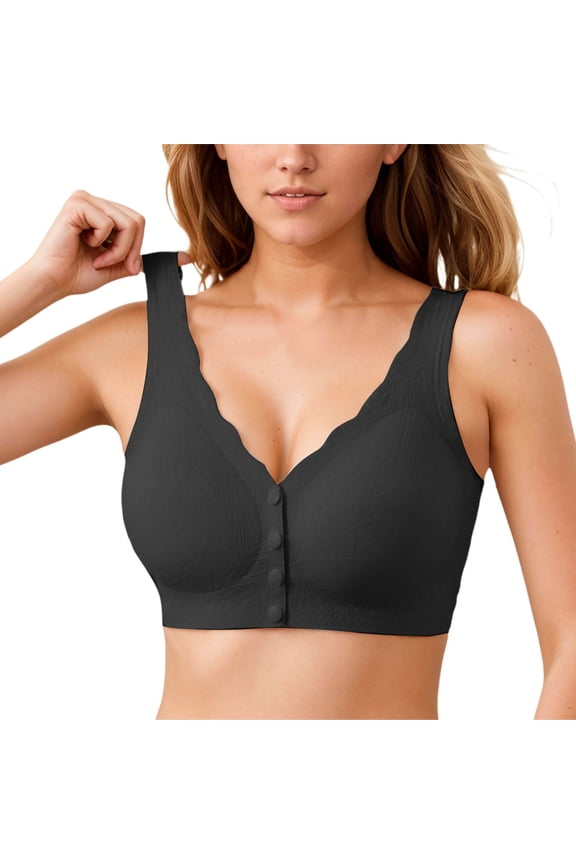Wireless Front Closure Support Bras for Older Women - Comfortable Seamless No Underwire Lift Solution Black,XXL