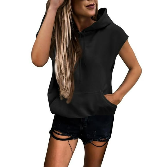 AWZXDE Women's Casual Sleeveless Hoodie - Lightweight Pullover Hooded Sweatshirt, Loose Fit Breathable Sporty Without Zip Design, Solid Color Athleisure Top Black,XXXL