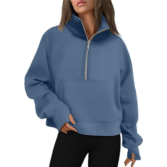 AWZXDE Women's Casual Solid Color Sweatshirt with Pockets, Half-Zip Pullover for Relaxed Style & Comfort, Daily Wear & Outdoor Activities Blue,L