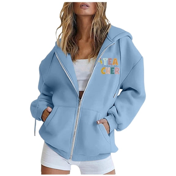 AWZXDE Women's Casual Zip-Up Hooded Sweatshirt with Pockets & Cartoon Design, Cozy Pullover for Relaxed Style Sky Blue,L