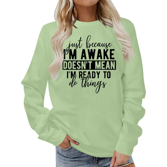 AWZXDE Women's Minimalist Pullover with Stylish Letter Print, Cozy Loose Fit Casual Sweatshirt for Ladies Light Green,M