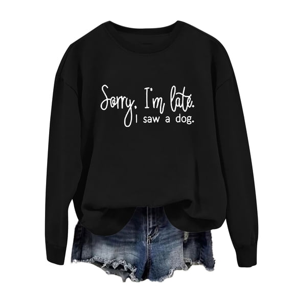 AWZXDE Women's Round Neck Pullover with Letter Print, Casual Stylish Long Sleeve Sweatshirt for Fall Winter Black,XL