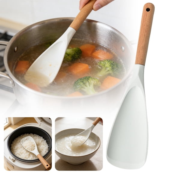 MIORA Multifunctional Silicone Cooking Spoon with Long Wooden Handle, 2-in-1 Spatula & Salad Server, Heat-Resistant, Blue Kitchen Bakeware, Perfect Gift for Home Chefs