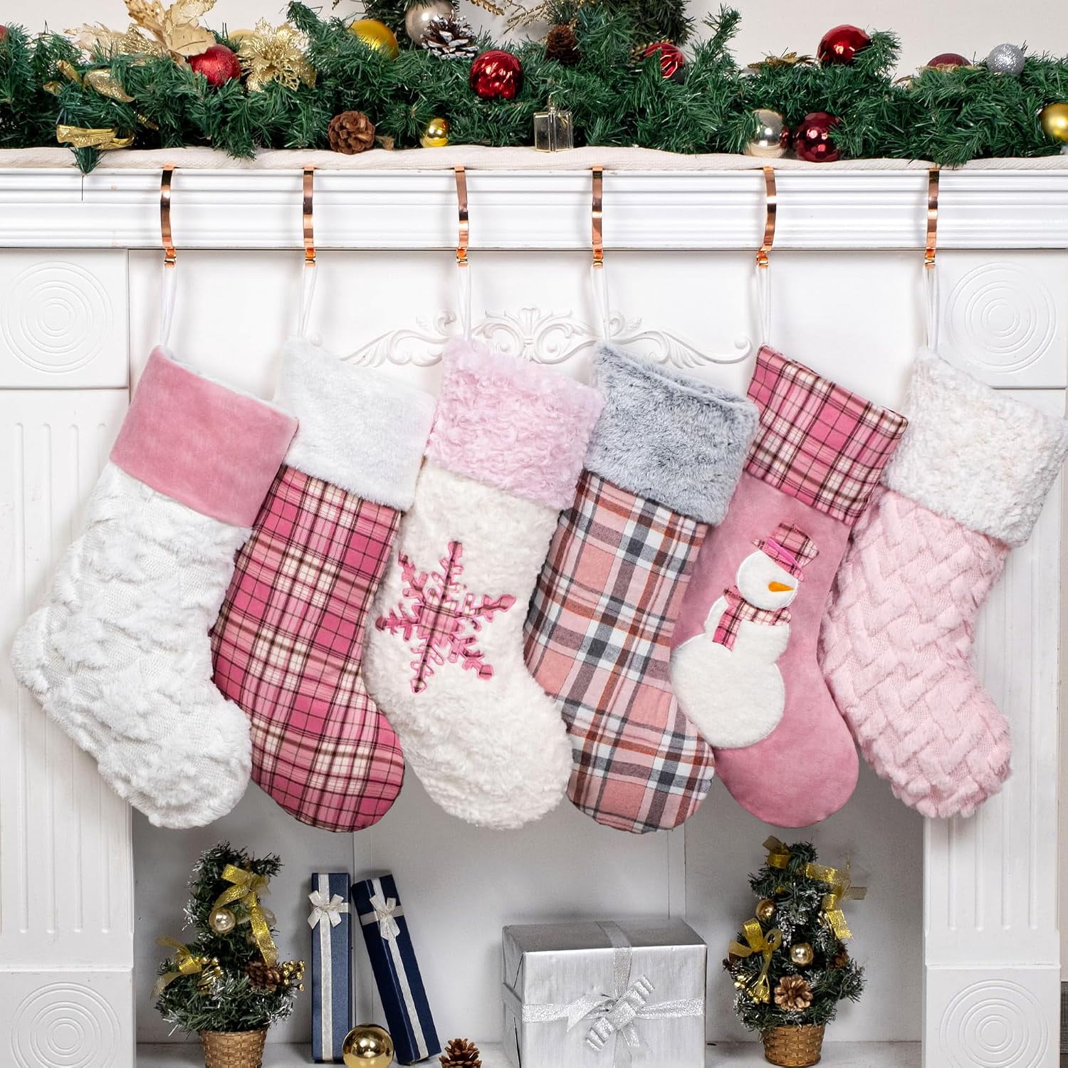 Miora Pink Plush Christmas Stockings, 20 Inch Holiday Hanging Decor Set of 6, Classic Plaid Fireplace Sacks