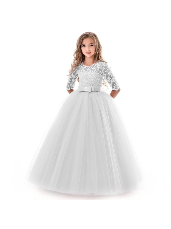 Girls' Retro Floral Lace Long-Sleeve Maxi Dress, perfect for weddings, parties, formal dinners, formal occasions, and beauty pageant galas