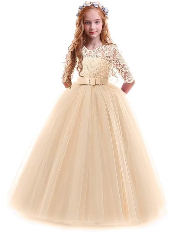 Girls' Retro Floral Lace Long-Sleeve Maxi Dress, perfect for weddings, parties, formal dinners, formal occasions, and beauty pageant galas