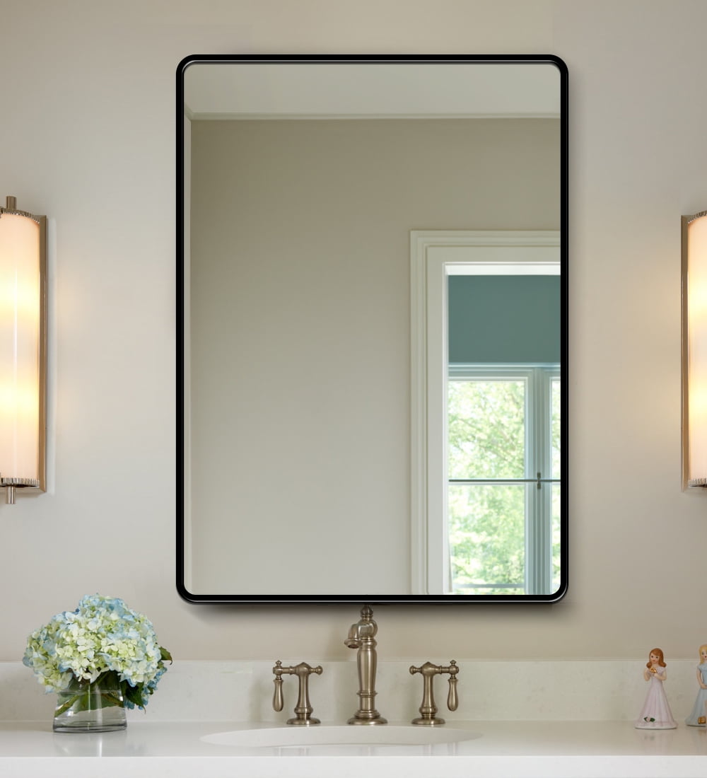 MIOZON 28X36 Inch Matte Black Metal Framed Bathroom Mirror Large