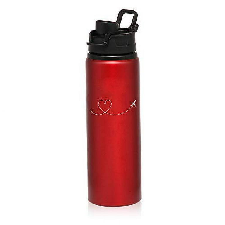 MIP Brand 25 oz Aluminum Sports Water Travel Bottle Heart Love Travel  Airplane (Red)