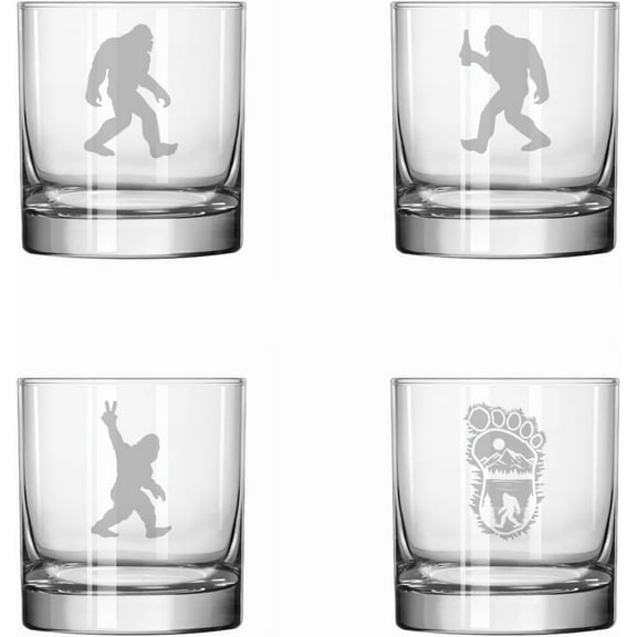 MIP Set of 4 Glass 11 oz Rocks Whiskey Glass Gift Bigfoot Sasquatch Collection