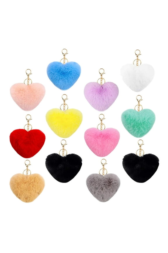 12-Pack Soft Pom Pom Keychains with Heart Charm, Decorative Key for Car, Bag, Purse Accessories