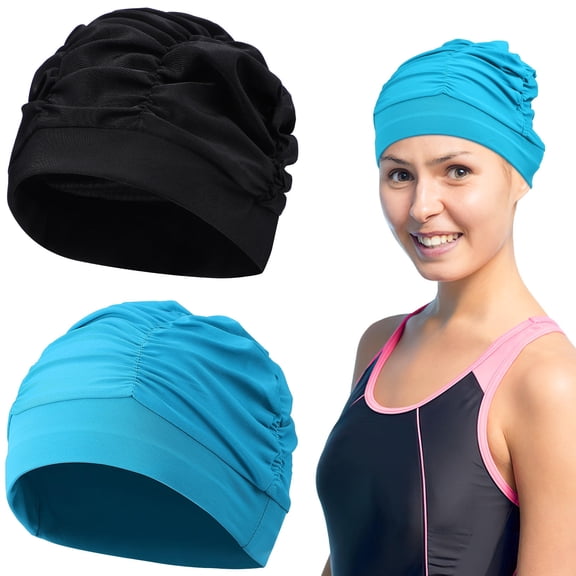 MIPCASE 2Pcs Fabric Swim Caps for Adults Pleated Elastic Swimming Hats with Room for Braids and Dreadlocks