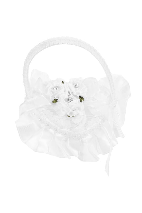 White Satin Heart Shape Wedding Pillow with Handle, Lace Holder for Engagement and Ceremony