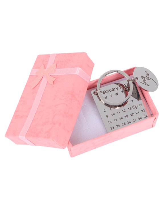 Stainless Steel Couple Key Ring Calendar Keychain with Heart Pattern and Date Mark