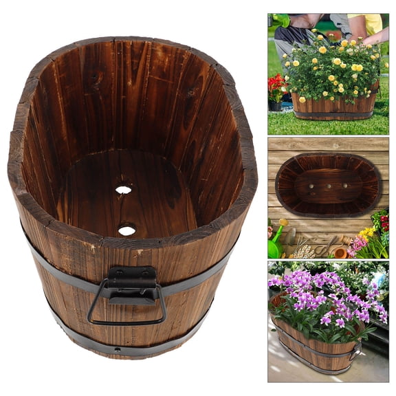 MIPCASE Wood Flower Pot Classic Planter Outdoor Dark Brown Gardening Pot 1Pack