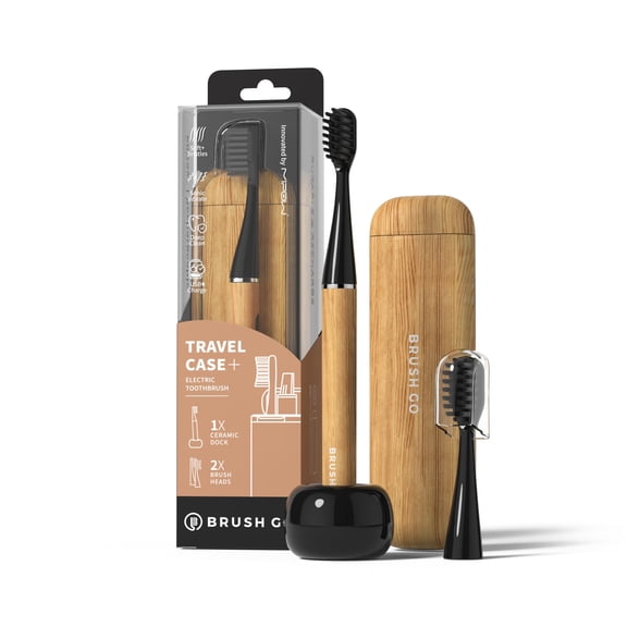 MIPOW Brush GO SlimPro i4 Electric Toothbrush Rechargeable Smart Ultra Sonic 3 Modes, Travel Case & Ceramic Dock, 60Day Battery Soft Bristles 2 Heads IPX7 Waterproof, Color-Woodgrain Edition