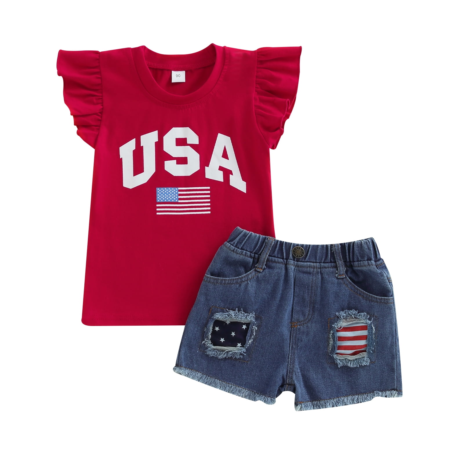 Woleroyir Girls 4th Of July Outfit Set – American Flag T-Shirt & Ripped Denim Shorts For Toddlers 1-6T - View #8
