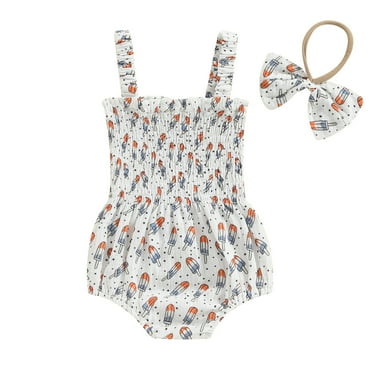 MIPREWUY Baby Girl 4th of July Outfit, Popsicle Print Shirred Square Neck Sleeveless Romper Bow Headband 2 Piece Set for Infant Toddler