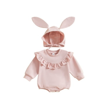 MIPREWUY Baby Girl Easter Outfit, Long Sleeve Crew Neck Solid Romper with Bunny Ears Hat Fall Clothes