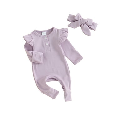 MIPREWUY Baby Girl Fall Outfit, Long Sleeve Crew Neck Solid Jumpsuit with Headband Baby Clothes