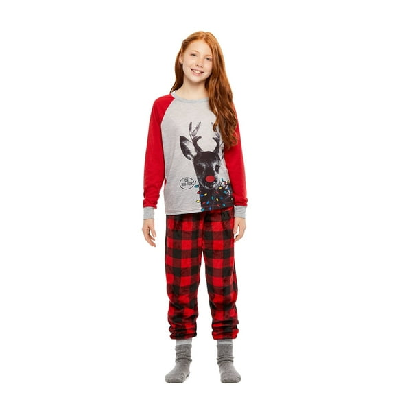 MIPREWUY Christmas Family Pajamas Sets, Parent-child Matching Sleepwear, Deer Print Long Sleeve O-neck Tops + Plaid Long Pants