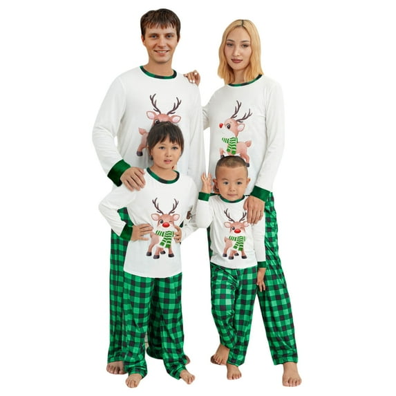 MIPREWUY Christmas Pajamas for Family Christmas Family Matching Pajamas Set Long Sleeve Cartoon Deer Print Tops + Plaid Pants Set