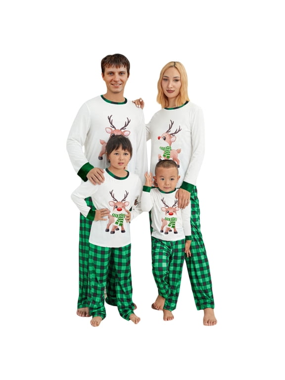 Christmas Pajamas for Family Christmas Family Matching Pajamas Set Long Sleeve Cartoon Deer Print Tops + Plaid Pants Set