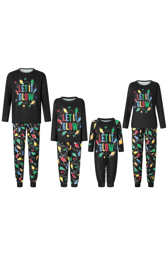 Christmas Pajamas for Family Colorful String Lights Print Long Sleeve Tops + Pants Set Sleepwear Loungewear