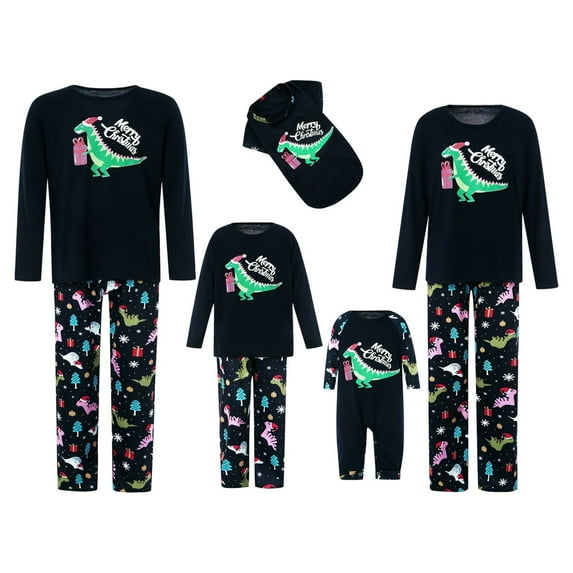 MIPREWUY Christmas Parent-child Outfit, Dinosaur Letter Printing Long Sleeve Round Collar Sleepwear/Jumpsuit for Adult/Baby/Kid/Dog