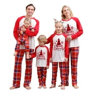 MIPREWUY Family Matching Christmas Pajamas, Letter Tree Print Long-Sleeved Tops + Plaid Pattern Trousers Sleepwear Outfits