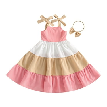 MIPREWUY Kids Girls Princess Dress Contrast Color Tie-Up Shoulder Straps Sling Dress Pageant Party Dress with Headband