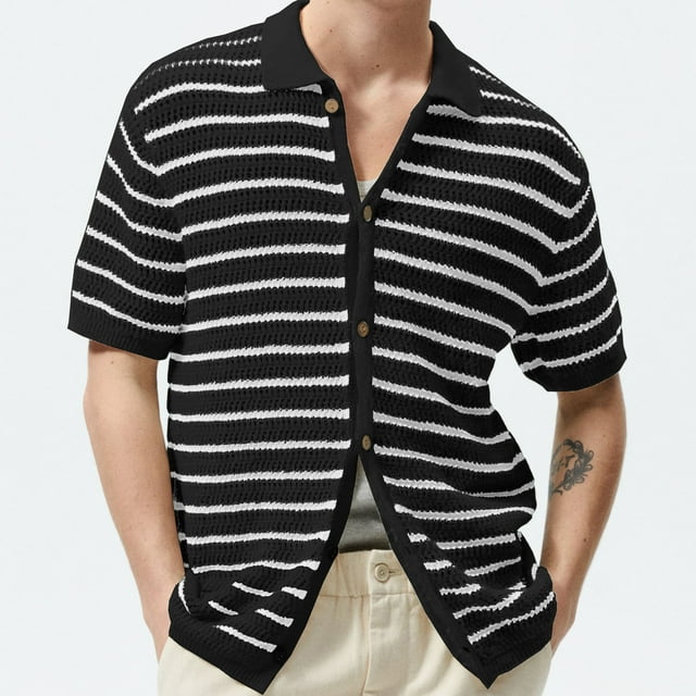MIPREWUY Men Knit Button Down Shirts Casual Short Sleeve Lapel Collar Striped Contrast Color Loose Shirts Sweaters