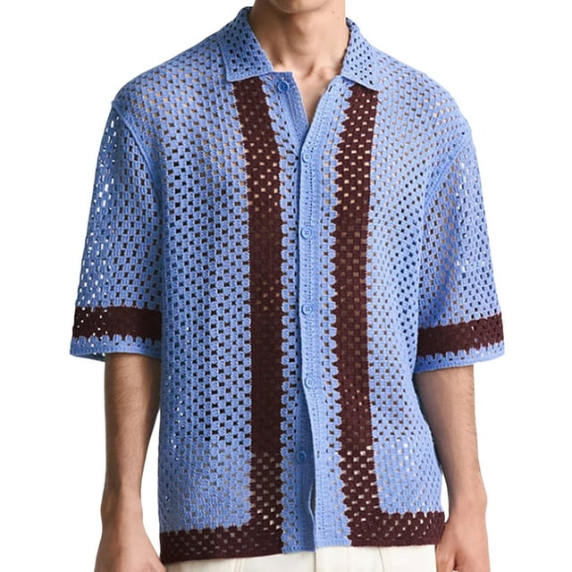 MIPREWUY Men Knit Button Down Shirts Casual Short Sleeve Lapel Collar Striped Contrast Color Loose Shirts Sweaters