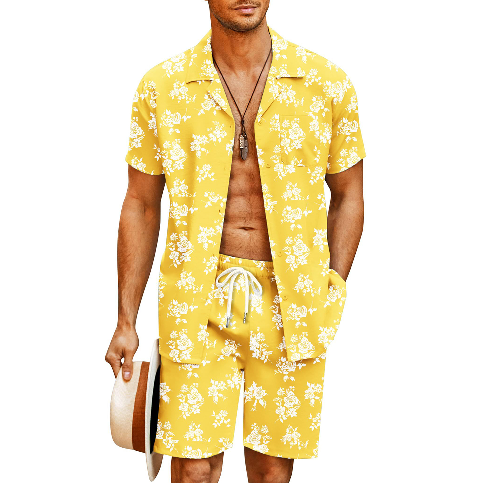 Men's 2-Piece Beach Button-Up Shirt & Drawstring Shorts Set – Black, Sizes M-2XL