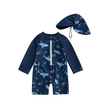 MIPREWUY Toddler Boy Rash Guard Swimsuit Shark Print Long Sleeve Half Zip-up Bathing Suit with Sun Hat 2 Pcs Swimwear Set