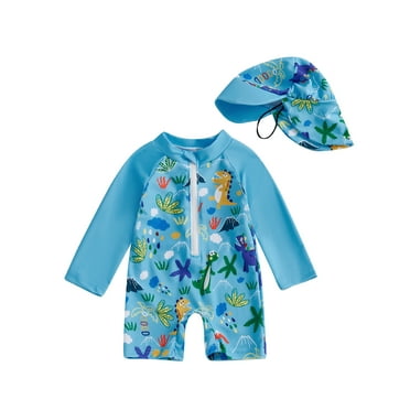 MIPREWUY Toddler Boy Rash Guard Swimsuit Shark Print Long Sleeve Half Zip-up Bathing Suit with Sun Hat 2 Pcs Swimwear Set