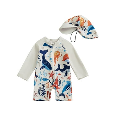 MIPREWUY Toddler Boy Rash Guard Swimsuit Shark Print Long Sleeve Half Zip-up Bathing Suit with Sun Hat 2 Pcs Swimwear Set