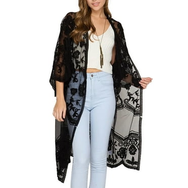MIPREWUY Women Casual Beachwear Cardigan, Solid Color 3/4 Sleeve See-Through Embroidery Flower Cover-Up
