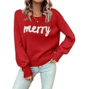MIPREWUY Women Christmas Cute Sweaters Casual Letter Embroidery Comfy Warm Long Sleeve Pullover Basic Knitwear for Streetwear