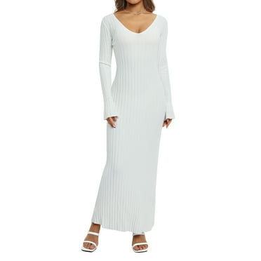MIPREWUY Women Knitting Dress, Long Sleeve V Neck Solid Color Street Club Party One-Piece Long Dress