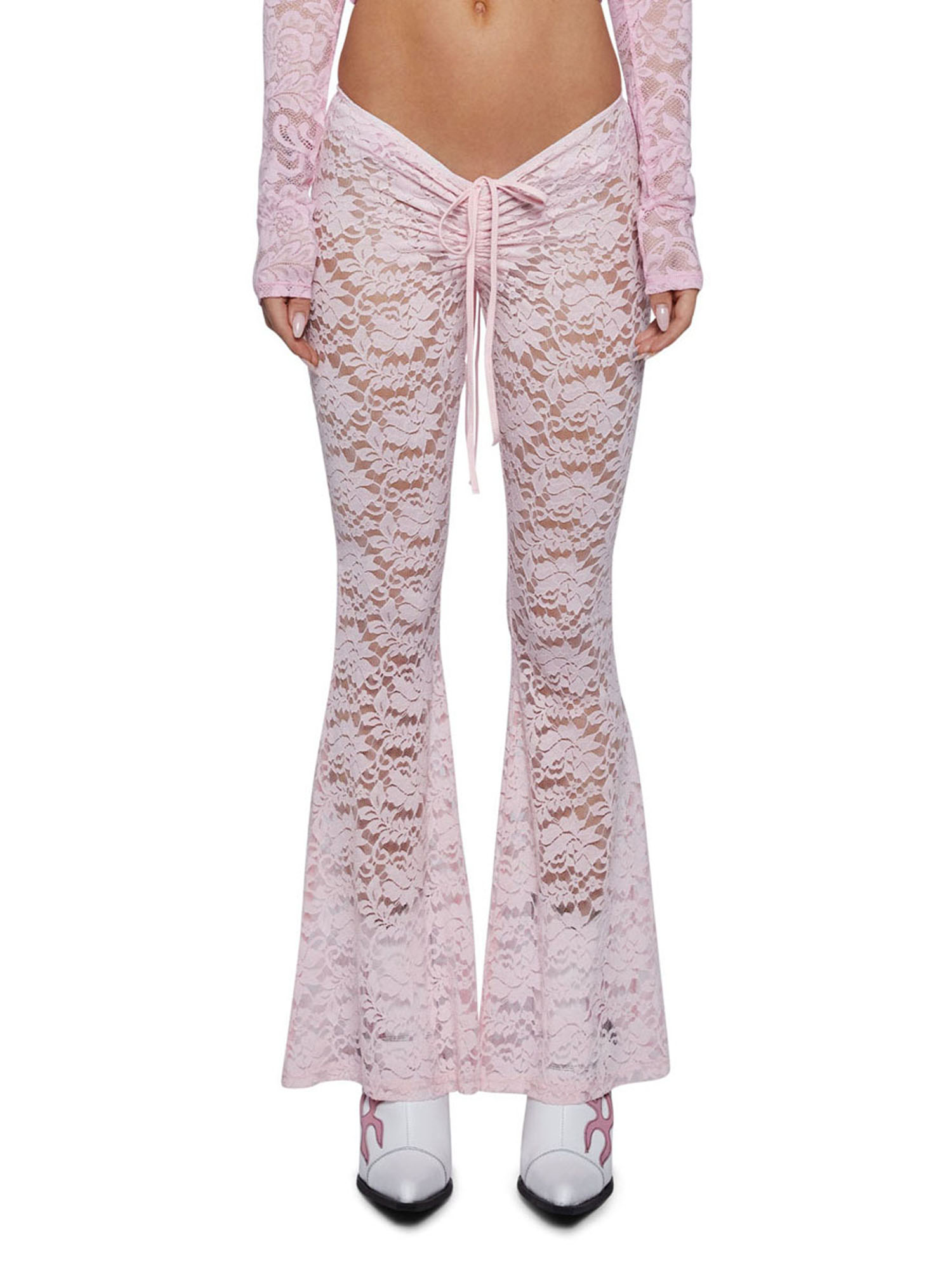 MIPREWUY Women Lace Pants, Low Waist Drawstring See-through Slim Fit Flare Pants Long Trousers
