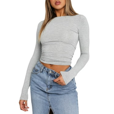MIPREWUY Women Long Sleeve T-Shirts Solid Color Crew Neck Casual Shirts Spring Fall Slim Fit Tops Streetwear