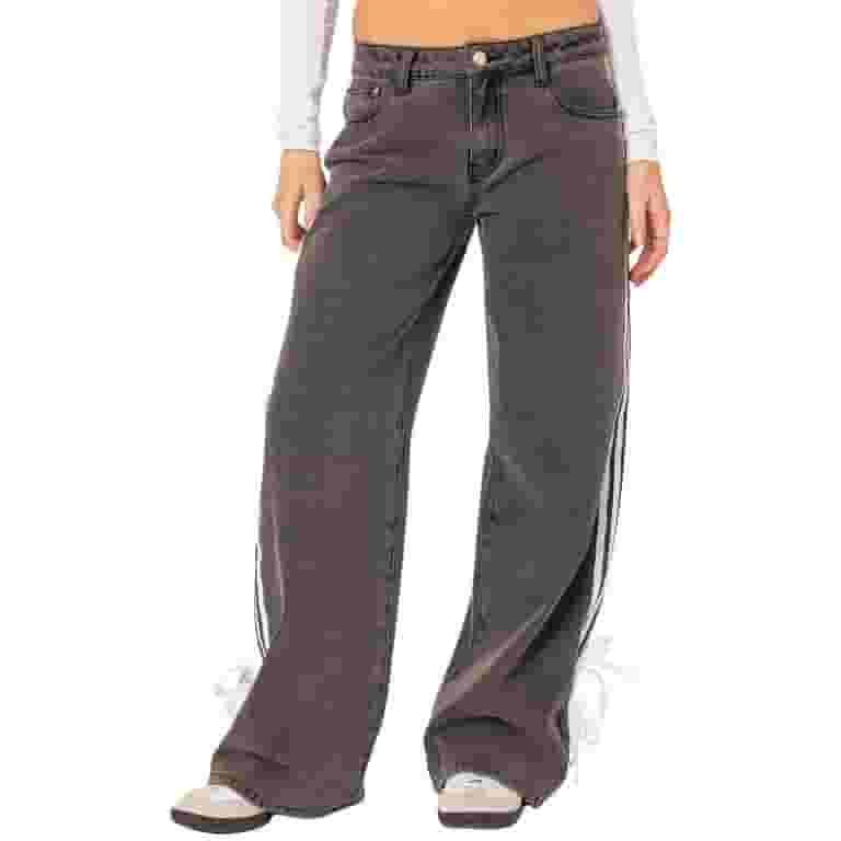 【SATIIIZ】Dehik Cotton Wide Bandind Pants MIPREWUY Women Low Rise Jeans Side Stripe Tie Bow Straight