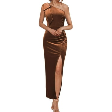MIPREWUY Women Velvet Formal Dress Solid Color One Shoulder Split Evening Gown for Wedding Cocktail Party Dress