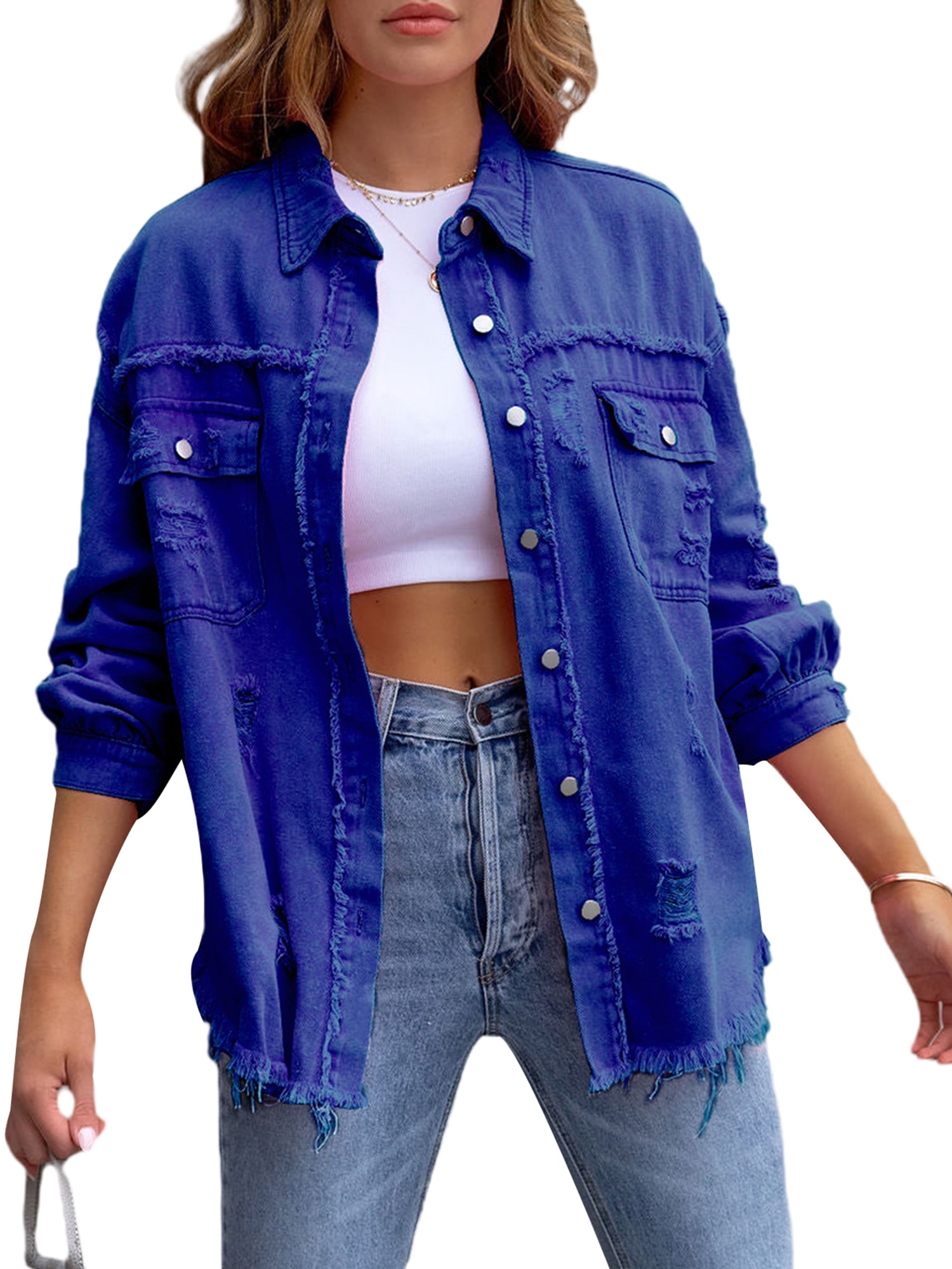 MIPREWUY Women's Ripped Distressed Denim Jacket Long Sleeve Button Down ...