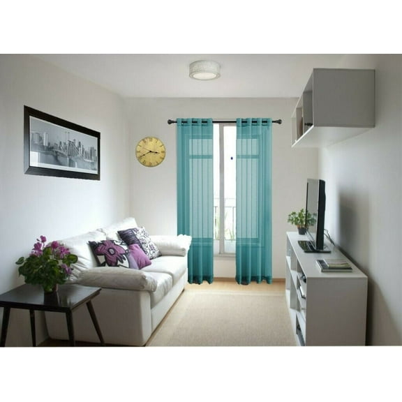 MIRA 1 semisheer panel faux silk window curtain top grommet for any bedroom or patio door non blackout see thru teal color 55" X 63"