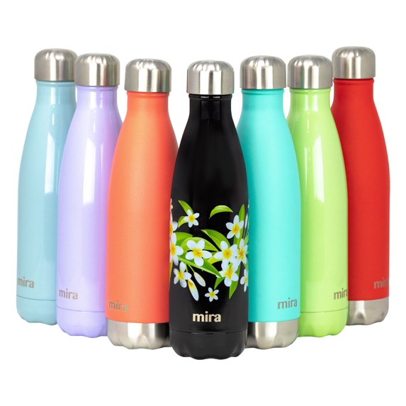 MIRA 17 oz Stainless Steel Vacuum Insulated Water Bottle | Leak-Proof Double Walled Cola Shape Bottle | Keeps Drinks Cold for 24 Hours & Hot for 12 Hours | Plumeria