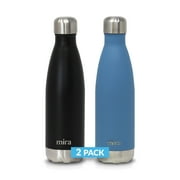 MIRA 2 Pack 17 Oz Cola Shaped Insulated Stainless Steel Water Bottle - Double Walled Vacuum Insulated Thermos Flask - Metal Sports Bottle - Black & Hawaiian Blue