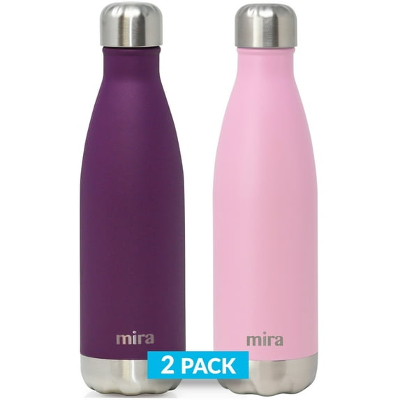 MIRA 2 Pack 17 oz Cola Shaped Insulated Stainless Steel Water Bottle - Double Walled Vacuum Insulated Thermos Flask - Metal Sports Bottle - Iris & Rose Pink