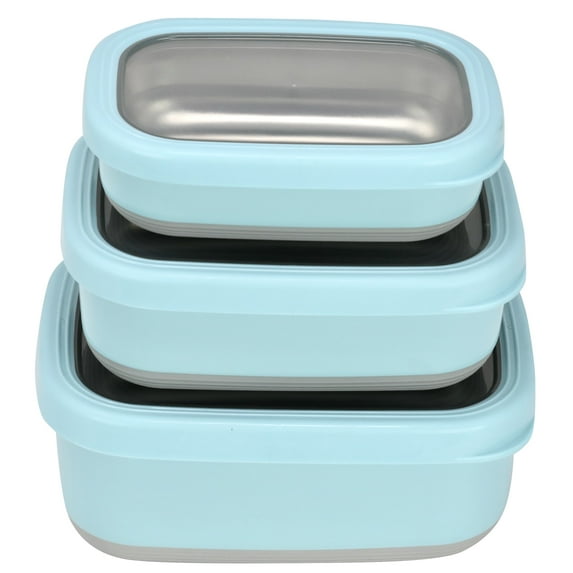 MIRA 3 Set Stainless Steel Lunch Containers with Anti-Slip Bottom and Transparent Lid, Rectangular Frost